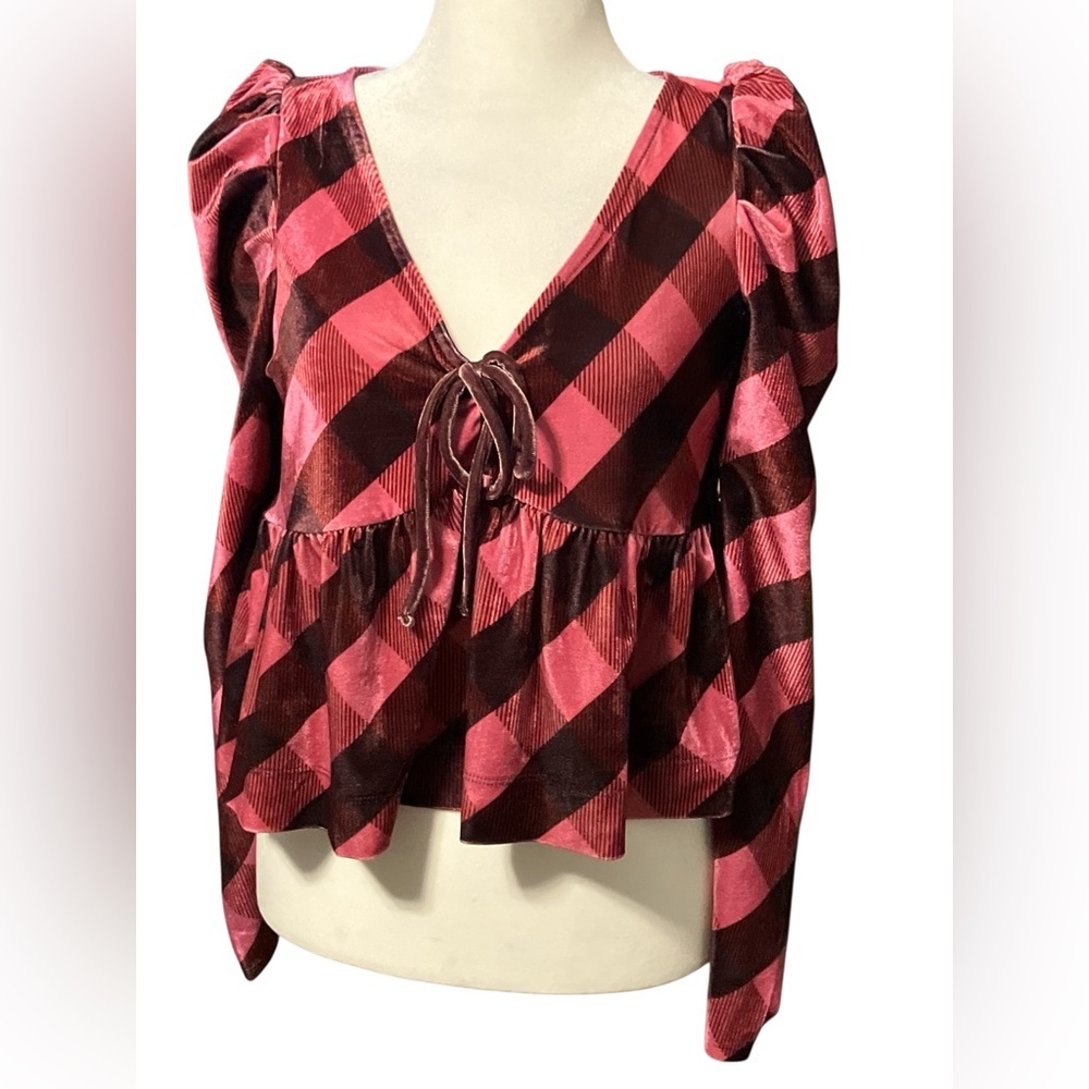 Maeve Pink and Brown Velvet Plaid Ruffled Tie Front Babydoll Blouse L